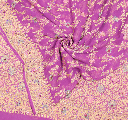 Sushila Vintage Pure Banarasi Georgette Saree Floral Woven Purple HEAVY Sari Fabric
