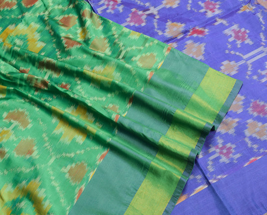 Sushila Vintage Green Blue Saree Hand Woven Ikat Pochampally Art Silk Sari Fabric