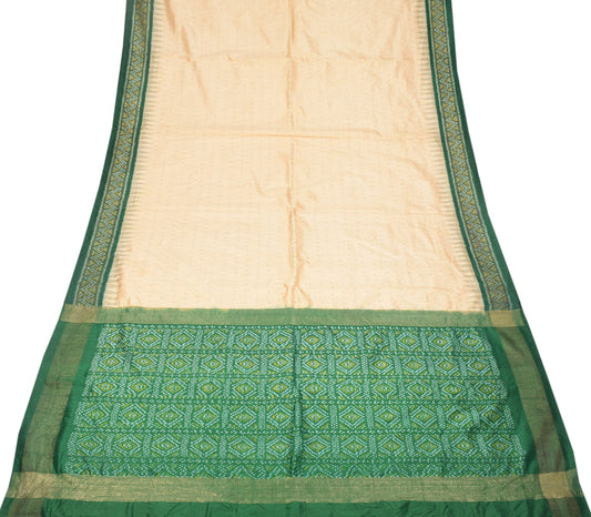 Sushila Vintage Beige Green Saree Hand Woven Ikat Pure Silk Sari Craft Fabric