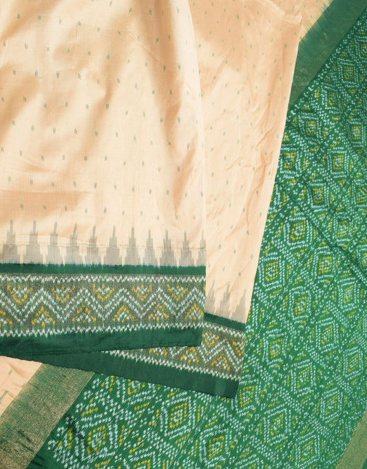 Sushila Vintage Beige Green Saree Hand Woven Ikat Pure Silk Sari Craft Fabric