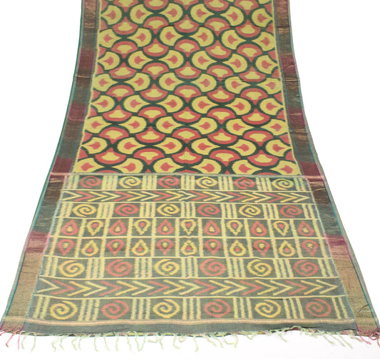 Sushila Vintage Green Handloom Saree Woven Ikat Pure Cotton Silk Sari Fabric