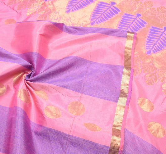 Sushila Vintage Pure Silk Saree Pink Purple Handloom Zari Brocade Sari Craft Fabric