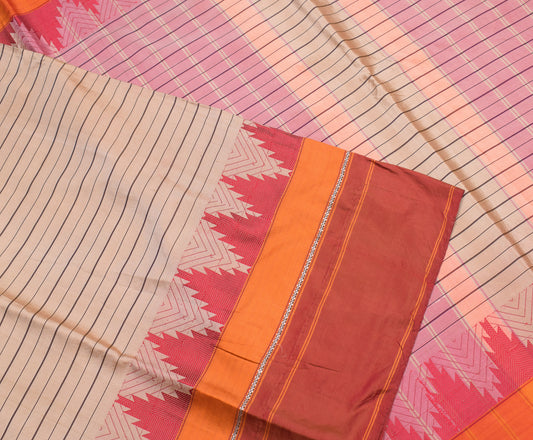 Sushila Vintage Brown Handloom Saree Stripe Woven Pure Silk Sari Craft Fabric
