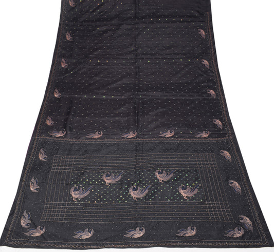 Sushila Vintage Black Saree Zari Embroidered Peacock Pure Silk Sari Craft Fabric