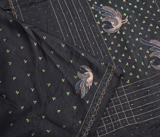 Sushila Vintage Black Saree Zari Embroidered Peacock Pure Silk Sari Craft Fabric
