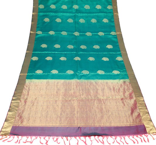 Sushila Vintage Teal Green Saree Pure Silk Woven Zari Brocade Sari Craft Fabric