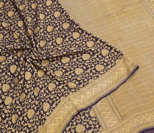 Sushila Vintage Dark Blue HEAVY Saree Pure Banarasi Georgette Floral Woven Sari Fabric