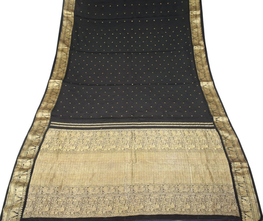 Sushila Vintage Black Kanjivaram Saree Pure Silk Gold Zari Brocade Sari Craft Fabric