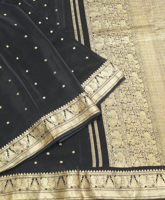 Sushila Vintage Black Kanjivaram Saree Pure Silk Gold Zari Brocade Sari Craft Fabric