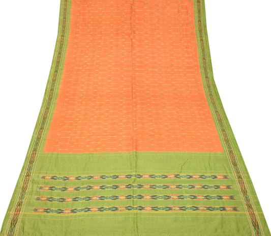 Sushila Vintage Orange Handloom Saree Pure Silk Woven Ikat Sari Soft Fabric