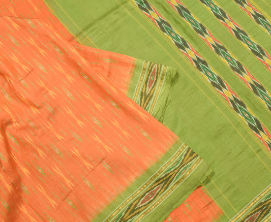 Sushila Vintage Orange Handloom Saree Pure Silk Woven Ikat Sari Soft Fabric