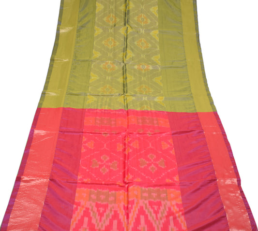 Sushila Vintage Green Saree Hand Woven Ikat Art Pochampally Silk Sari Fabric