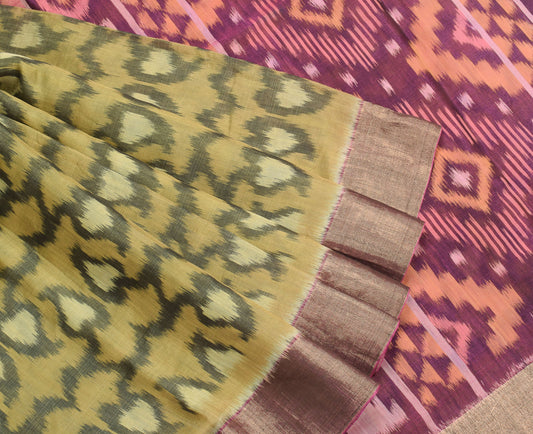 Sushila Vintage Green Pochampally Saree Hand Woven Ikat Pure Cotton Silk Sari Fabric