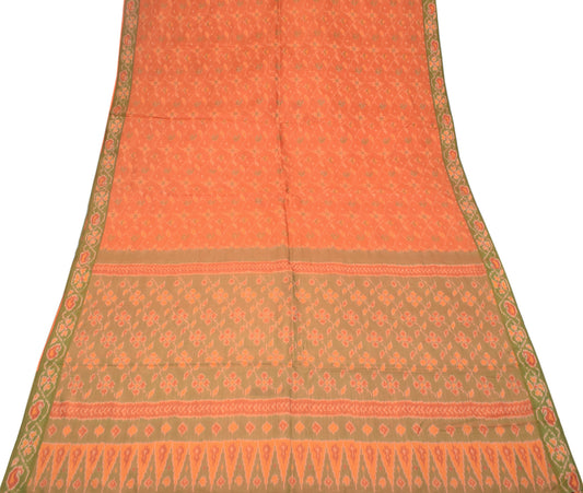 Sushila Vintage Pure handloom Silk Saree Hand Woven Ikat Orange Sari Fabric