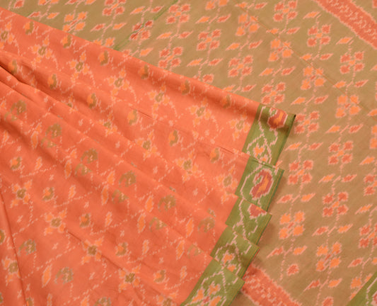 Sushila Vintage Pure handloom Silk Saree Hand Woven Ikat Orange Sari Fabric