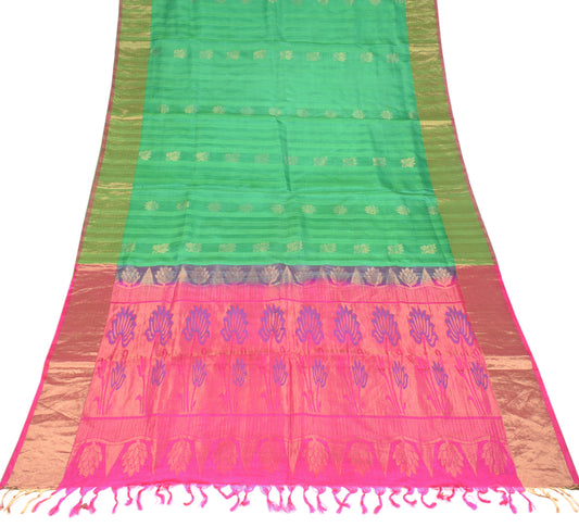 Sushila Vintage Green Magenta Saree Pure South Silk Gold Zari Leaves Sari Fabric