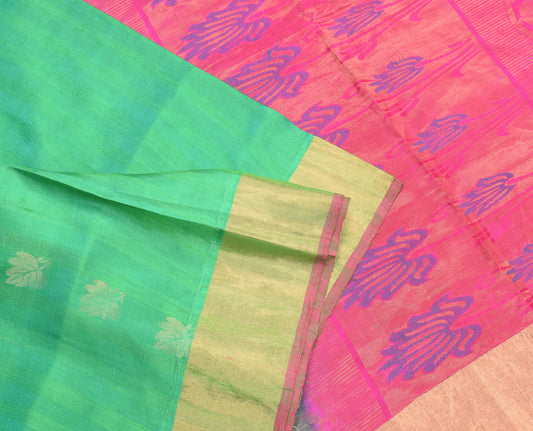 Sushila Vintage Green Magenta Saree Pure South Silk Gold Zari Leaves Sari Fabric