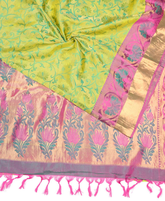 Sushila Vintage Kanjivaram Green Saree Pure Silk Woven Brocade Sari Craft Fabric