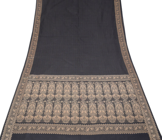 Sushila Vintage Black Saree Hand Woven Birds Pure Cotton Silk Sari Craft Fabric