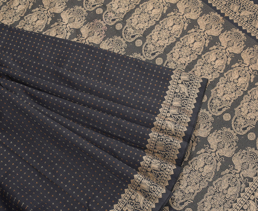 Sushila Vintage Black Saree Hand Woven Birds Pure Cotton Silk Sari Craft Fabric