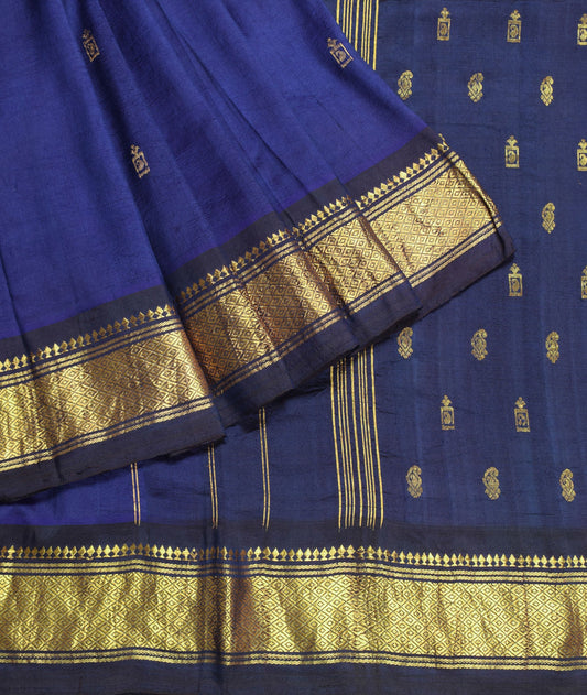 Sushila Vintage Pure Kanchipuram Silk Saree Gold Zari Blue Soft Sari Craft Fabric