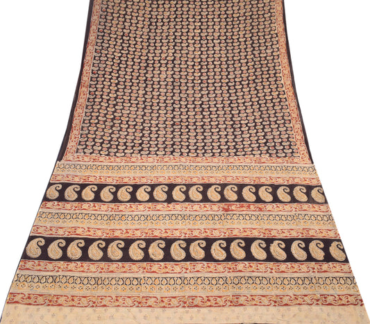 Sushila Vintage Ajrakh Print Saree 100% Pure Cotton Handloom Brown Sari Fabric