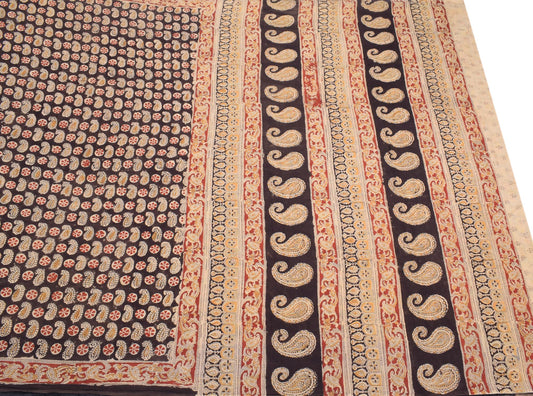 Sushila Vintage Ajrakh Print Saree 100% Pure Cotton Handloom Brown Sari Fabric