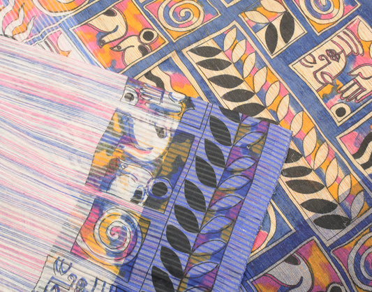 Sushila Vintage Multi-Color Saree Folk-Art Style Hand Printed Sari Craft Fabric