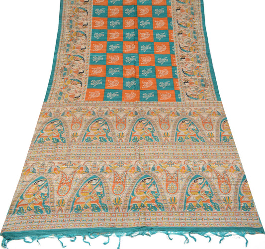 Sushila Vintage Madhubani Print Saree Pure Khadi Silk Teal Green Handloom Sari Fabric