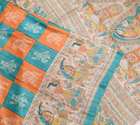 Sushila Vintage Madhubani Print Saree Pure Khadi Silk Teal Green Handloom Sari Fabric