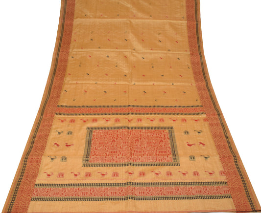 Sushila Vintage Pure Handloom Cotton Saree Warli  Woven Beige Sari Craft Fabric