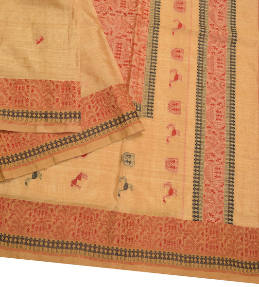 Sushila Vintage Pure Handloom Cotton Saree Warli  Woven Beige Sari Craft Fabric
