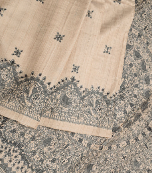 Sushila Vintage Handprinted Madhubani Saree Pure Khadi Tussar Brown Sari Craft Fabric (