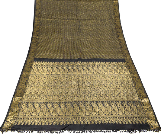Sushila Vintage Classic Black Saree Gold Woven Pure Banarasi Silk HEAVY Sari Fabric