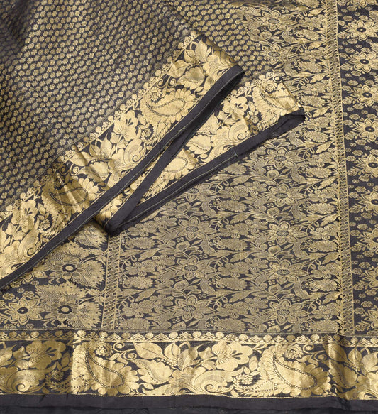 Sushila Vintage Classic Black Saree Gold Woven Pure Banarasi Silk HEAVY Sari Fabric
