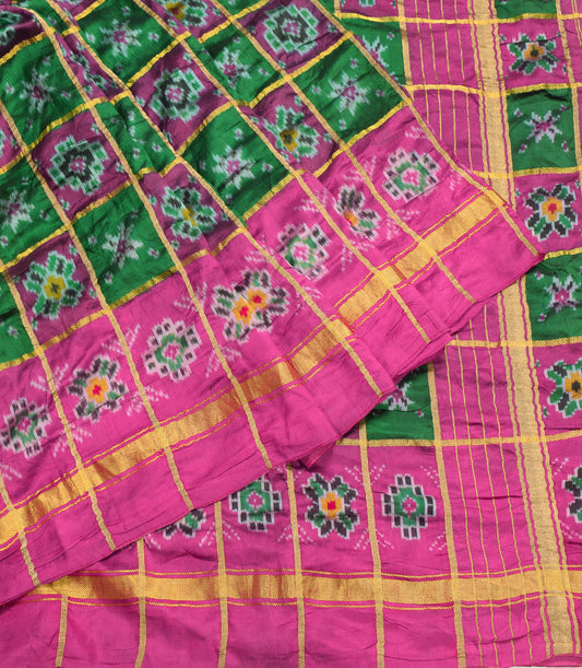 Sushila Vintage Green Saree Pochampally Ikat Zari Woven Pure Silk Sari Fabric