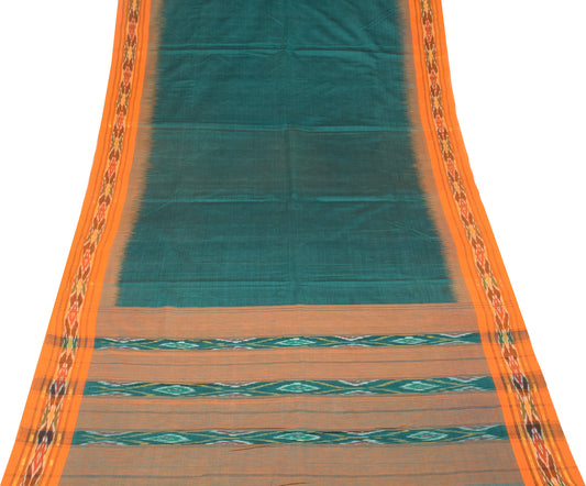 Sushila Vintage Teal Green Saree Hand Woven Ikat Pure Cotton Sari Fabric