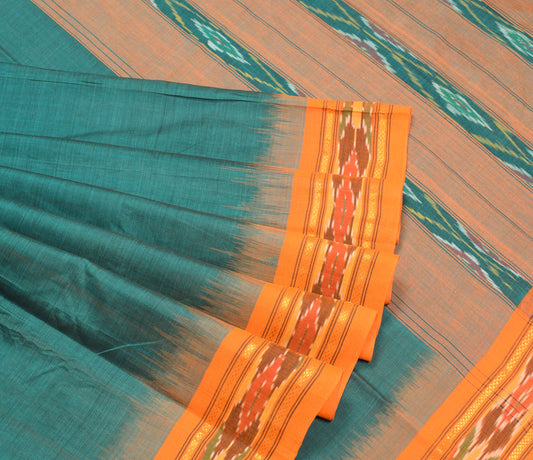 Sushila Vintage Teal Green Saree Hand Woven Ikat Pure Cotton Sari Fabric