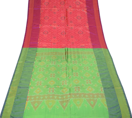 Sushila Vintage Pochampally Ikat Saree Geometrical Art Silk Pink Green Sari Craft Fabric