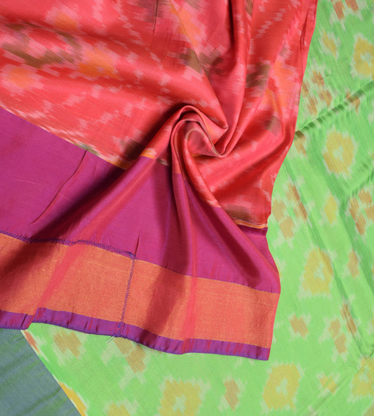 Sushila Vintage Pochampally Ikat Saree Geometrical Art Silk Pink Green Sari Craft Fabric