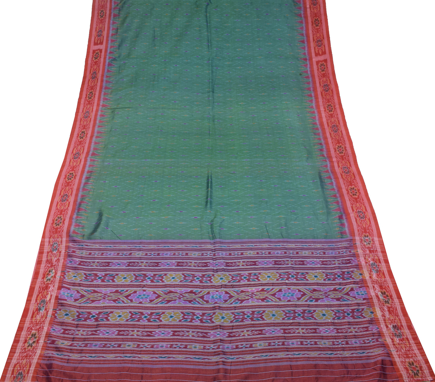 Sushila Vintage Pochampally Ikat Saree handloom Pure Silk Green Sari Craft Fabric