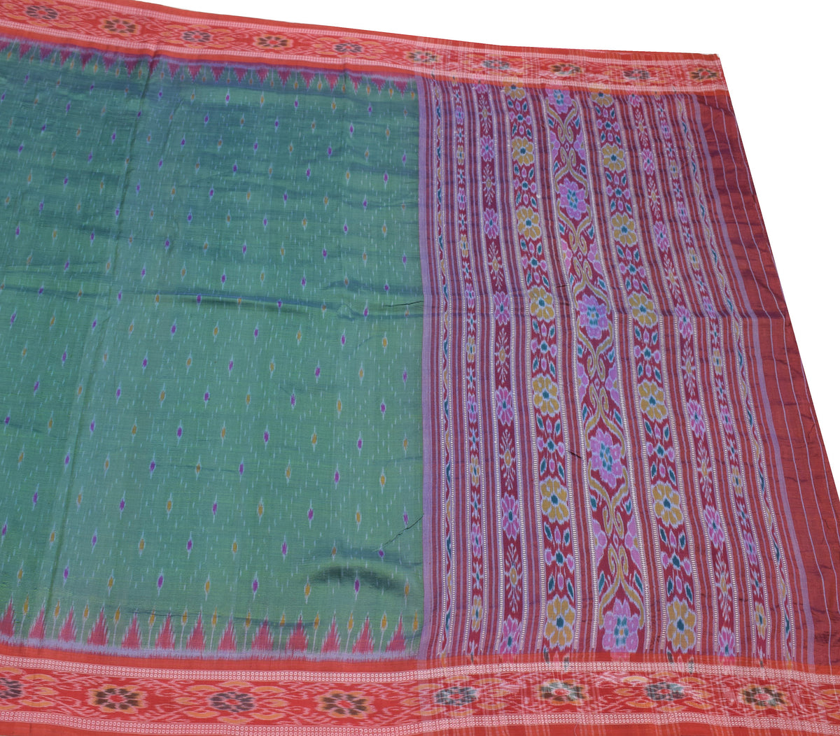 Sushila Vintage Pochampally Ikat Saree handloom Pure Silk Green Sari Craft Fabric
