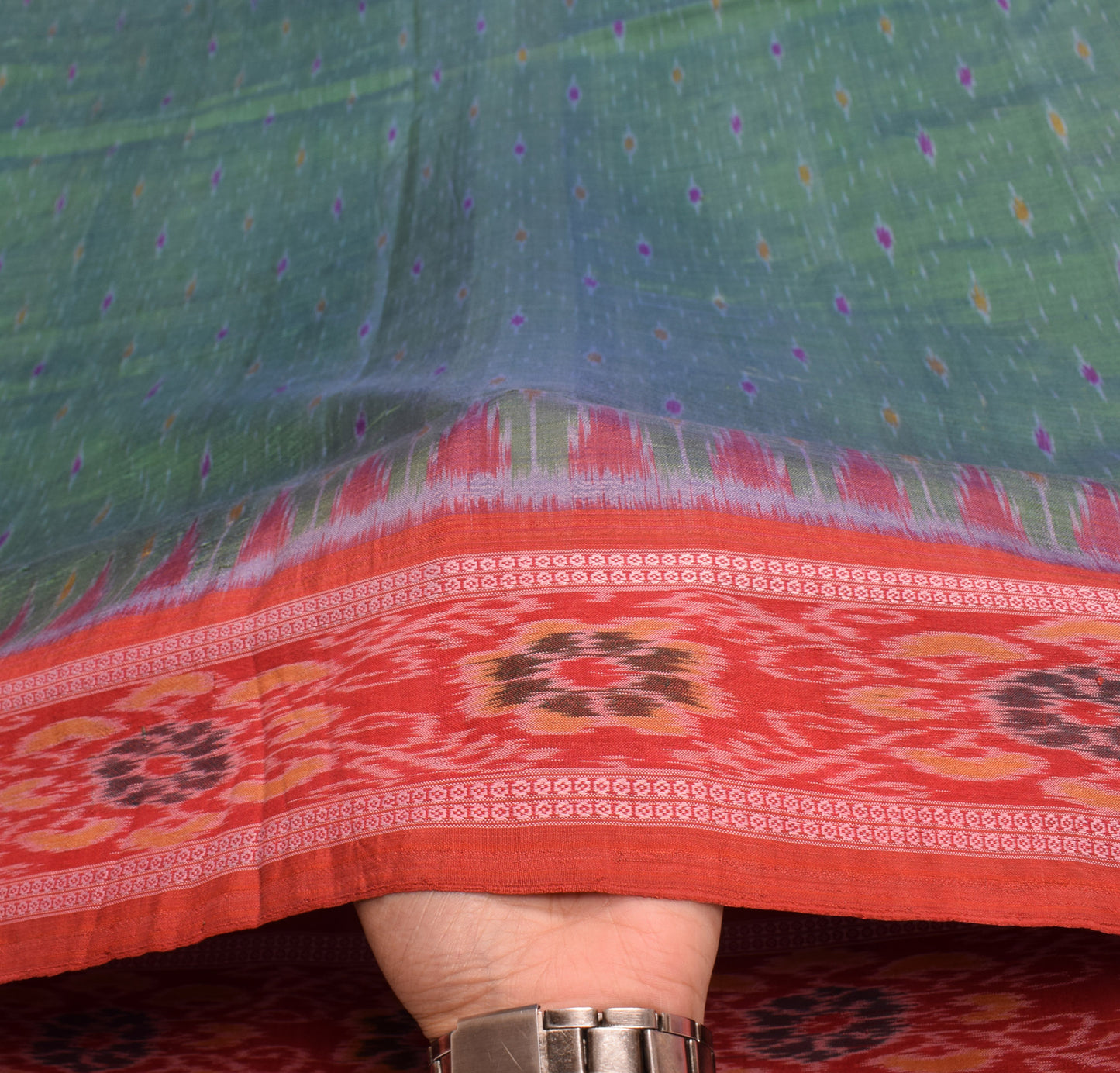 Sushila Vintage Pochampally Ikat Saree handloom Pure Silk Green Sari Craft Fabric