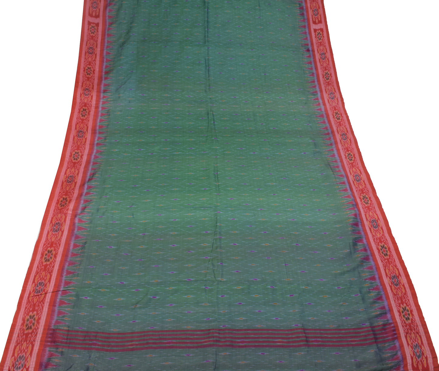 Sushila Vintage Pochampally Ikat Saree handloom Pure Silk Green Sari Craft Fabric