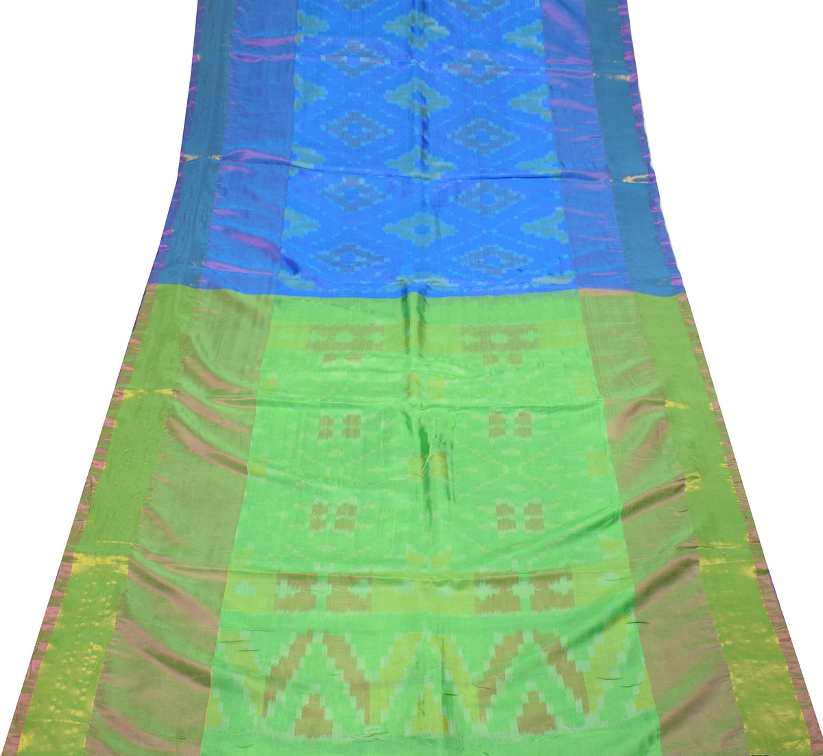 Sushila Vintage Pochampally Ikat Saree Geometrical Art Silk Pink Blue Sari Fabric