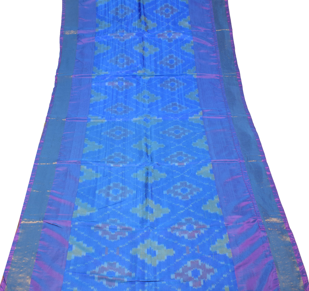 Sushila Vintage Pochampally Ikat Saree Geometrical Art Silk Pink Blue Sari Fabric