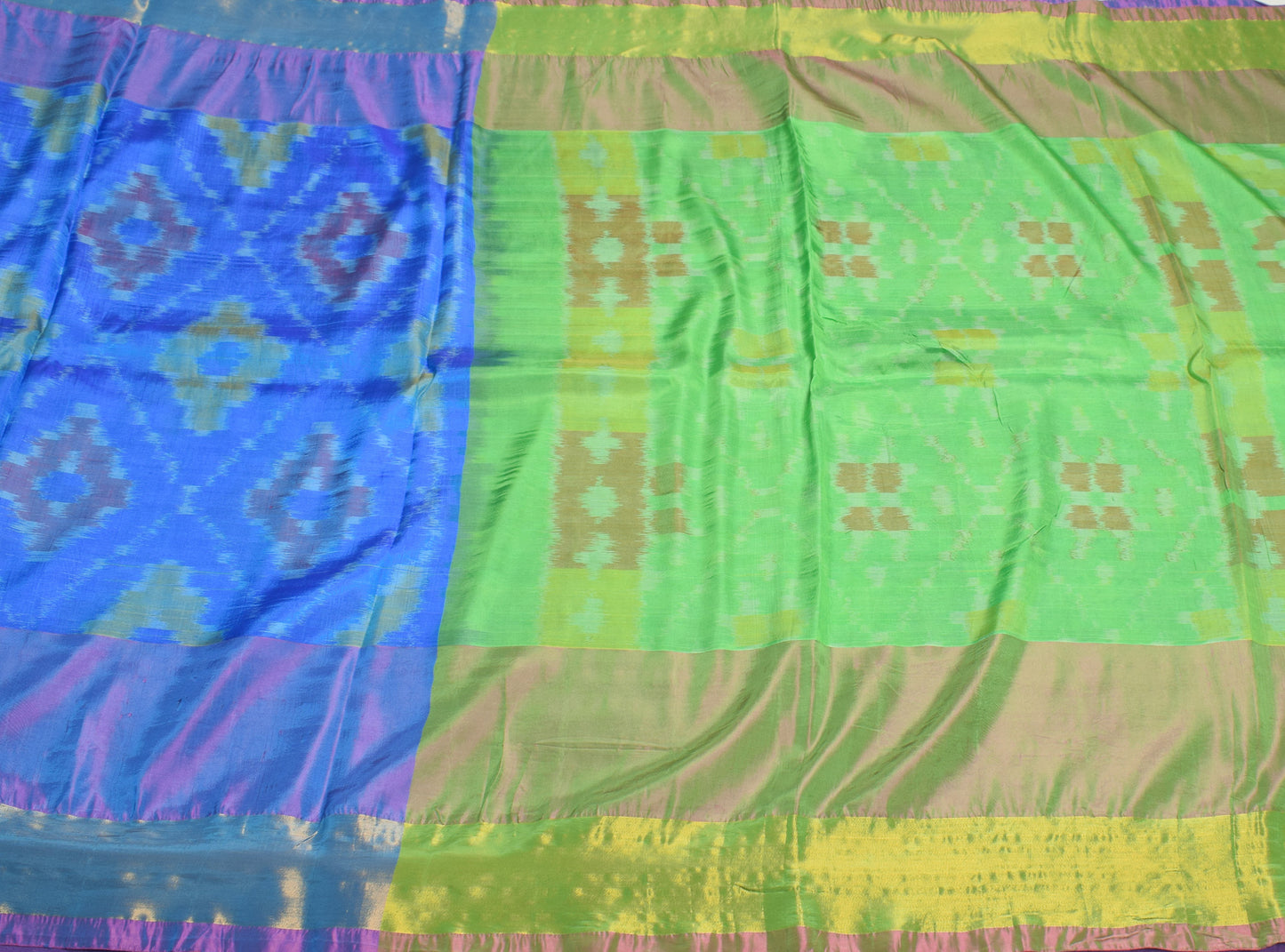 Sushila Vintage Pochampally Ikat Saree Geometrical Art Silk Pink Blue Sari Fabric