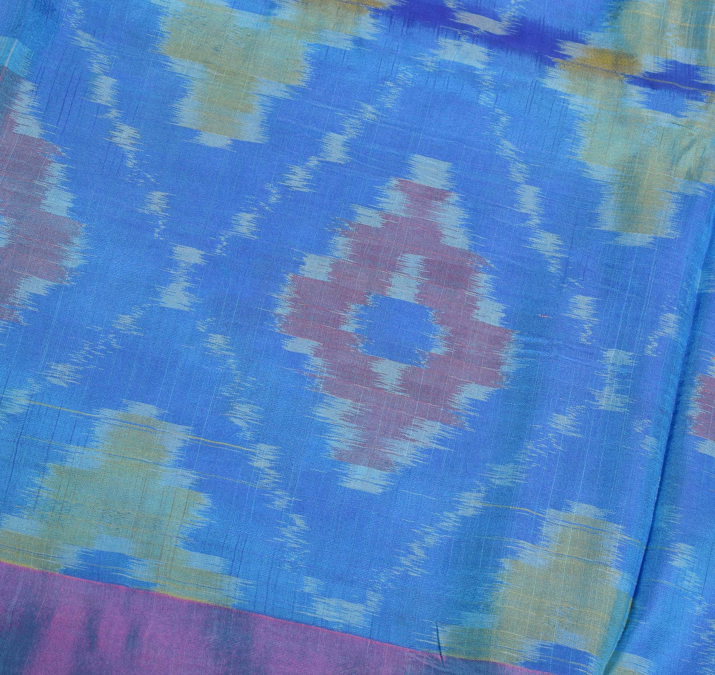 Sushila Vintage Pochampally Ikat Saree Geometrical Art Silk Pink Blue Sari Fabric