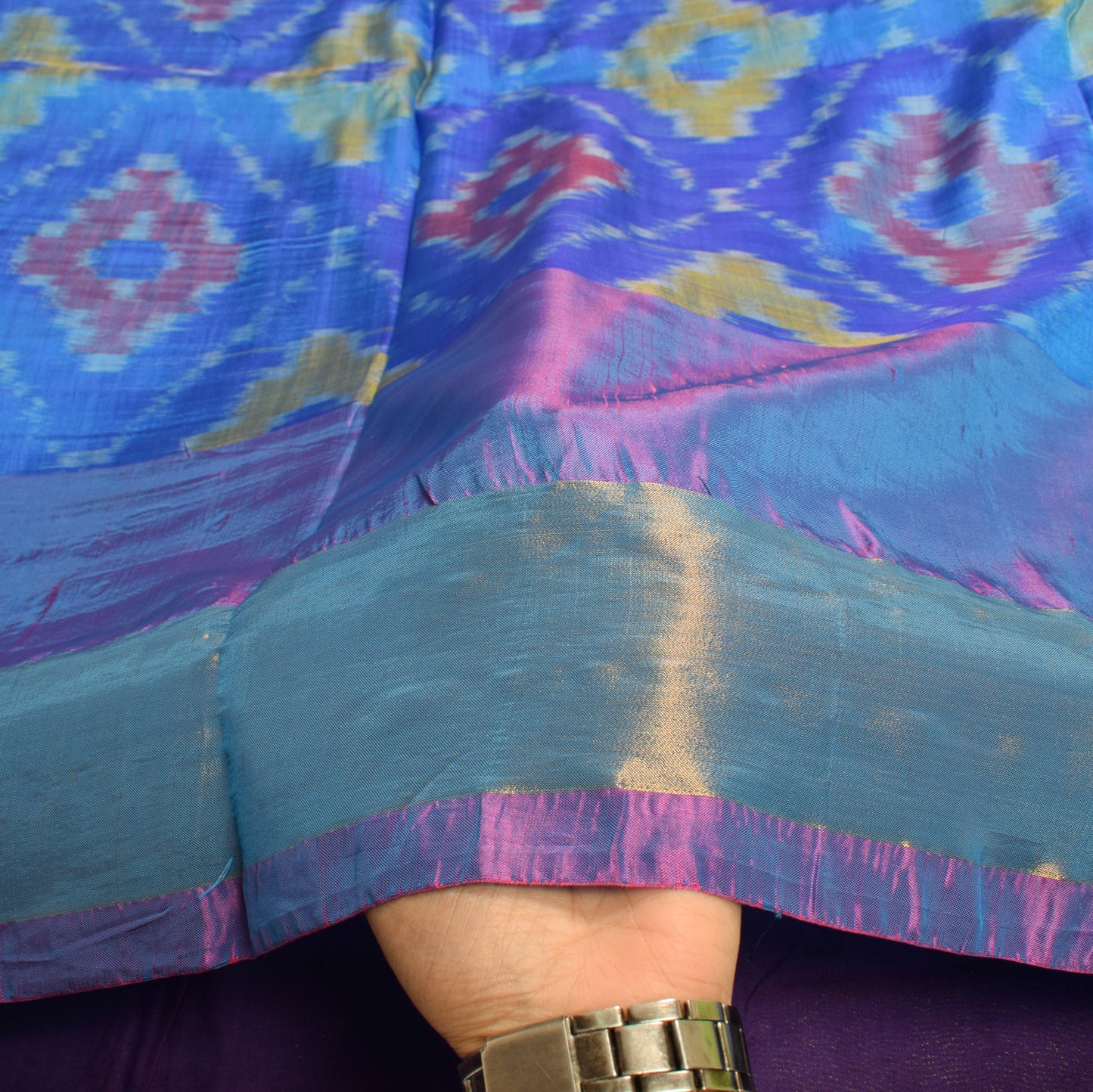 Sushila Vintage Pochampally Ikat Saree Geometrical Art Silk Pink Blue Sari Fabric