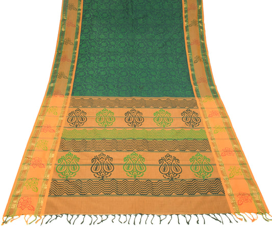 Sushila Vintage Green Saree Pure Cotton Silk Hand Block & Zari Woven Sari Craft Fabric